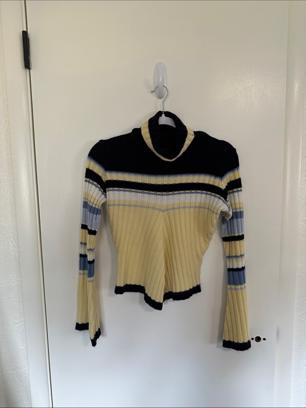 It's Our Time Vintage Yellow, Navy & Light Blue Striped Turtleneck Sweater L